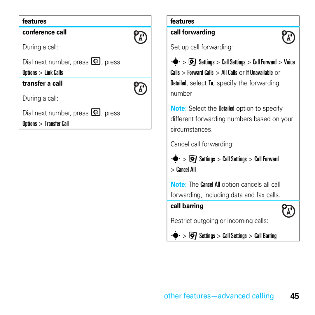 Motorola E8 manual Features Conference call, Transfer a call, Features Call forwarding, Call barring 