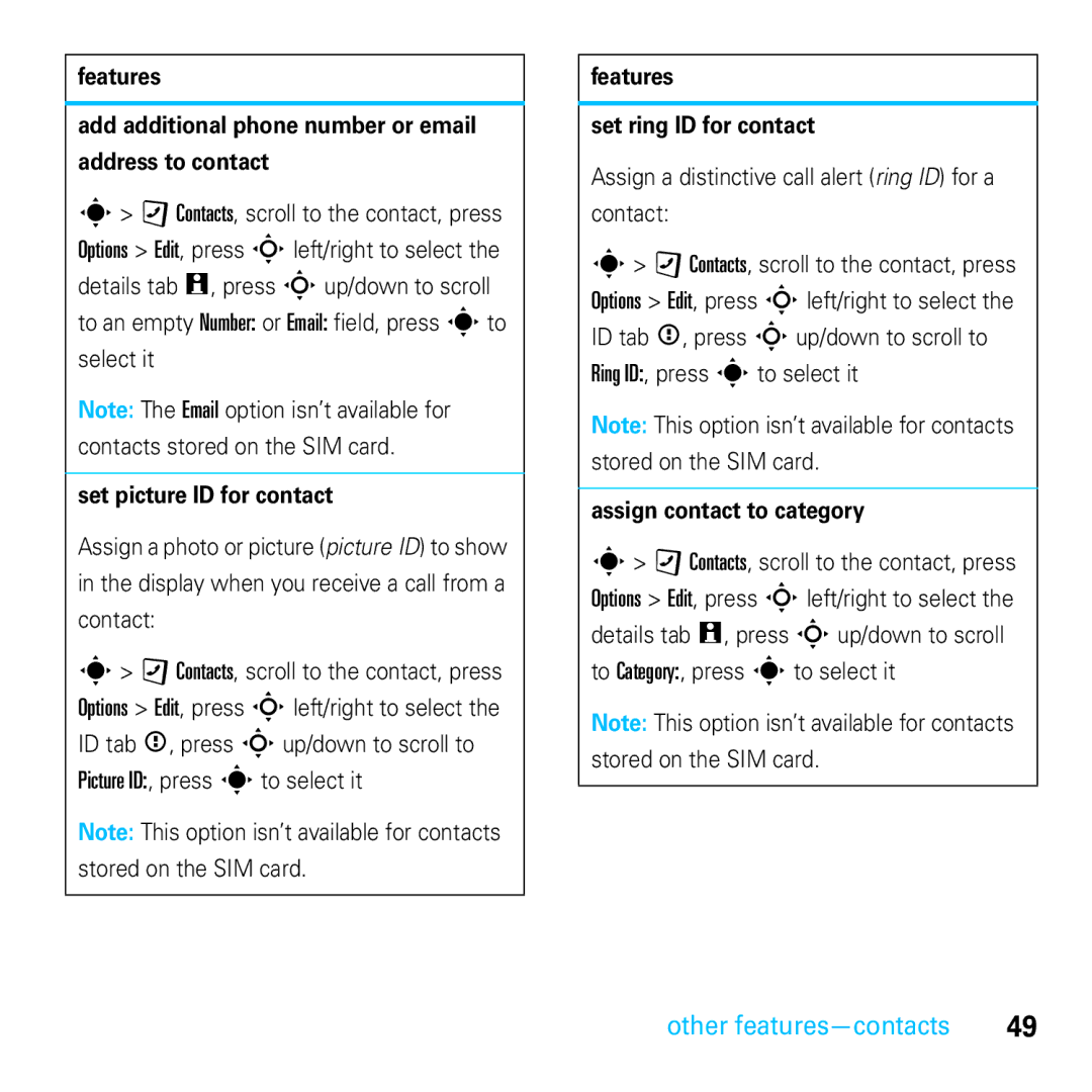 Motorola E8 manual Set picture ID for contact, Features Set ring ID for contact, Assign contact to category 