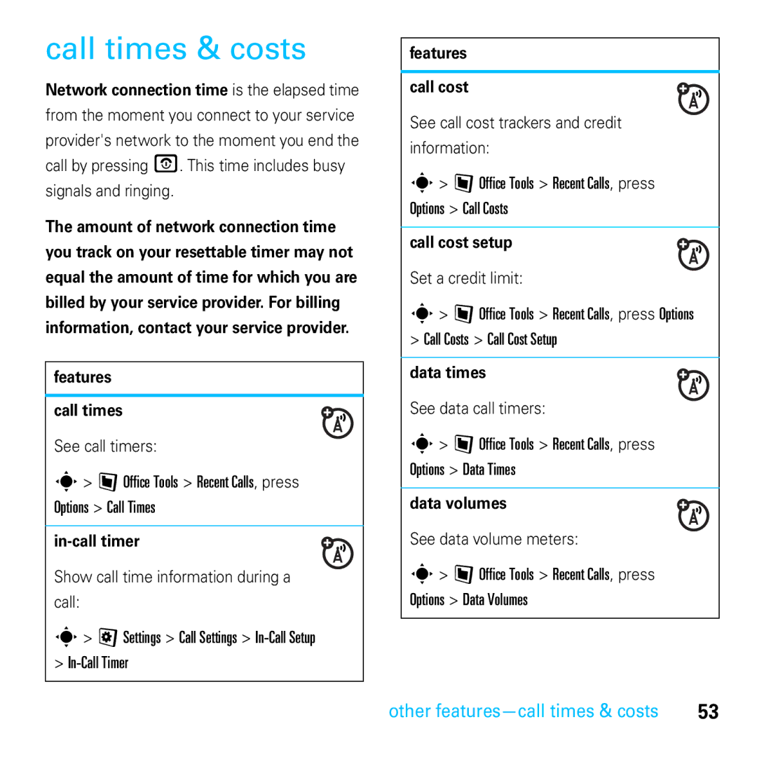 Motorola E8 manual Call times & costs 