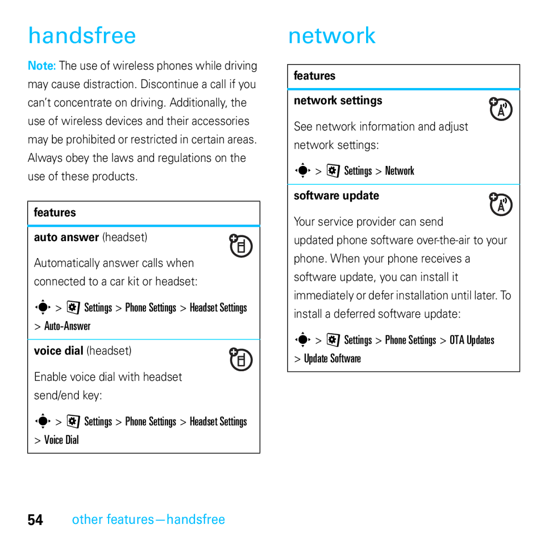 Motorola E8 manual Handsfree, Network, Other features-handsfree 