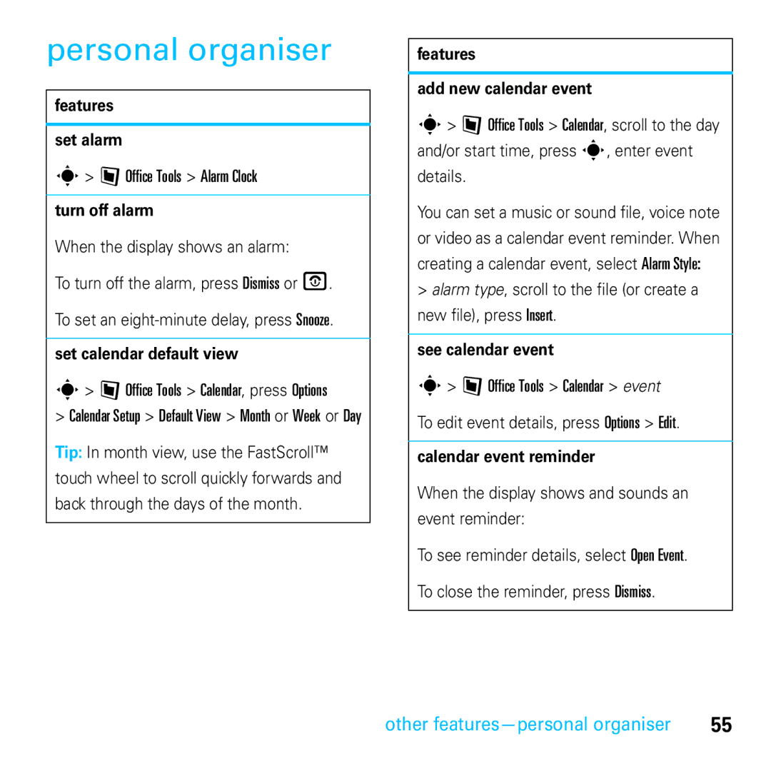 Motorola E8 manual Personal organiser 