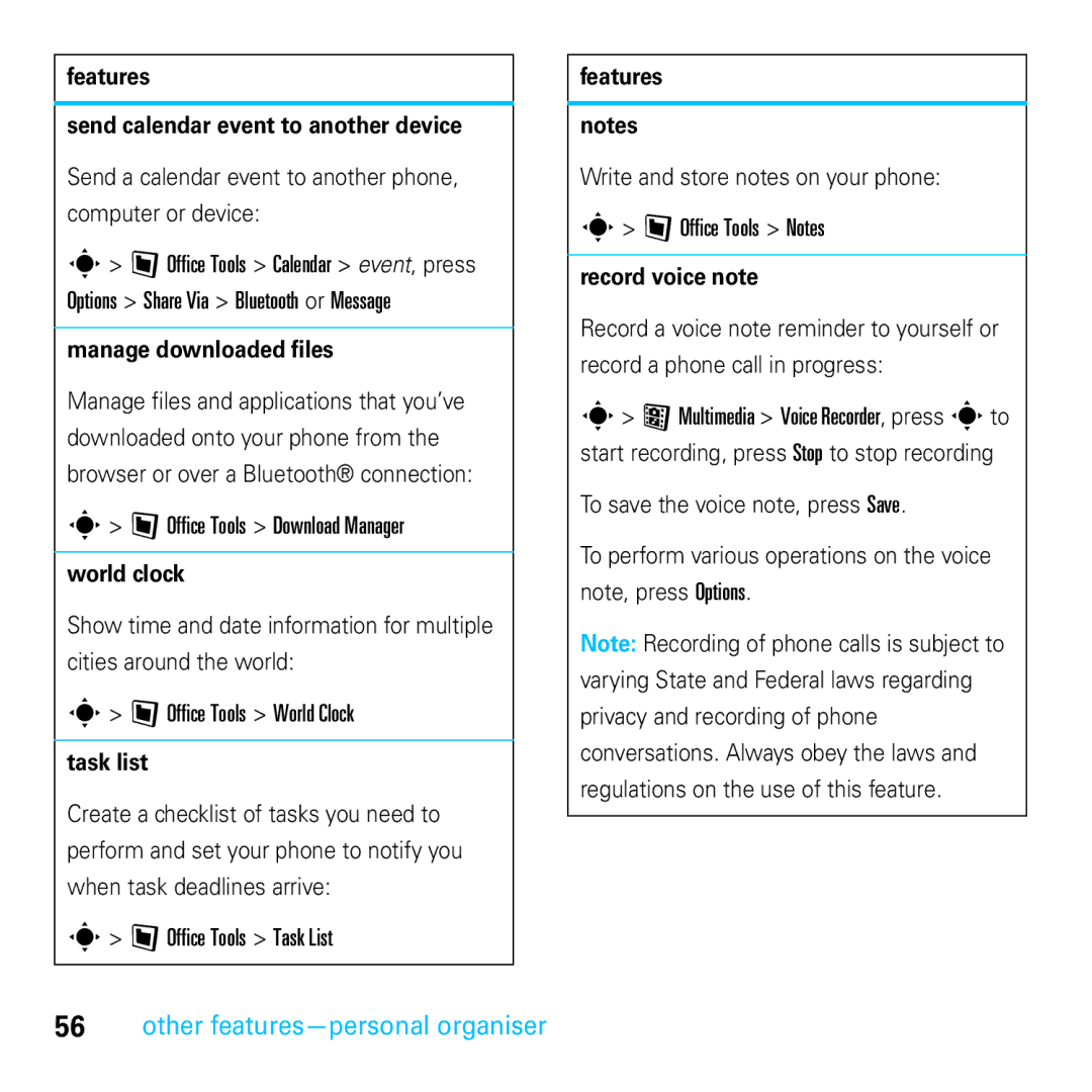 Motorola E8 manual Other features-personal organiser 