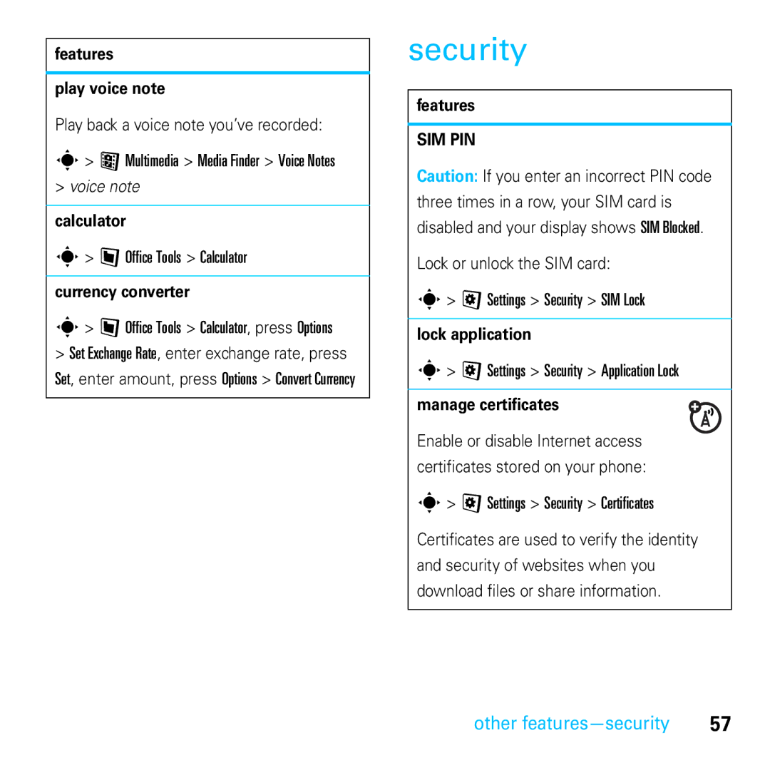 Motorola E8 manual Security, Other features-security 