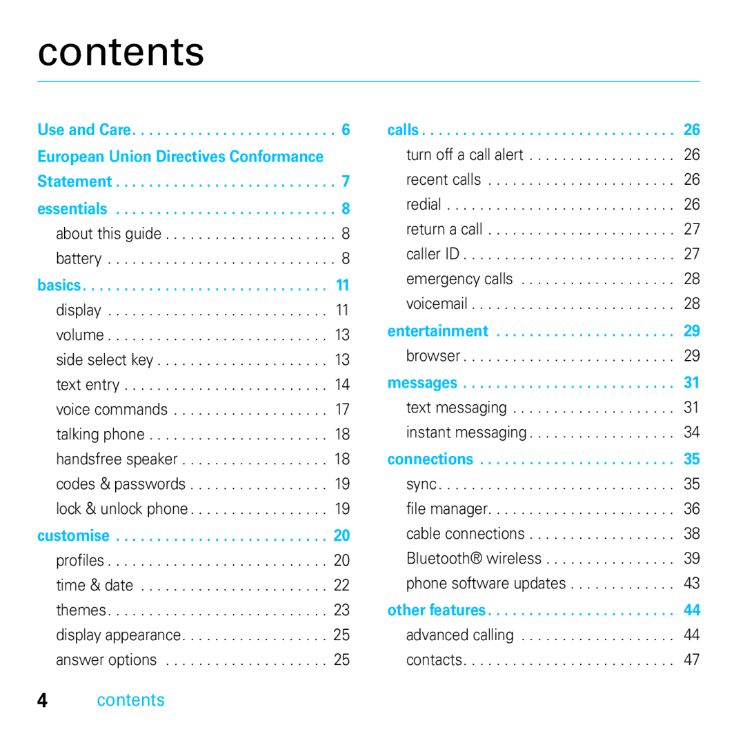 Motorola E8 manual Contents 