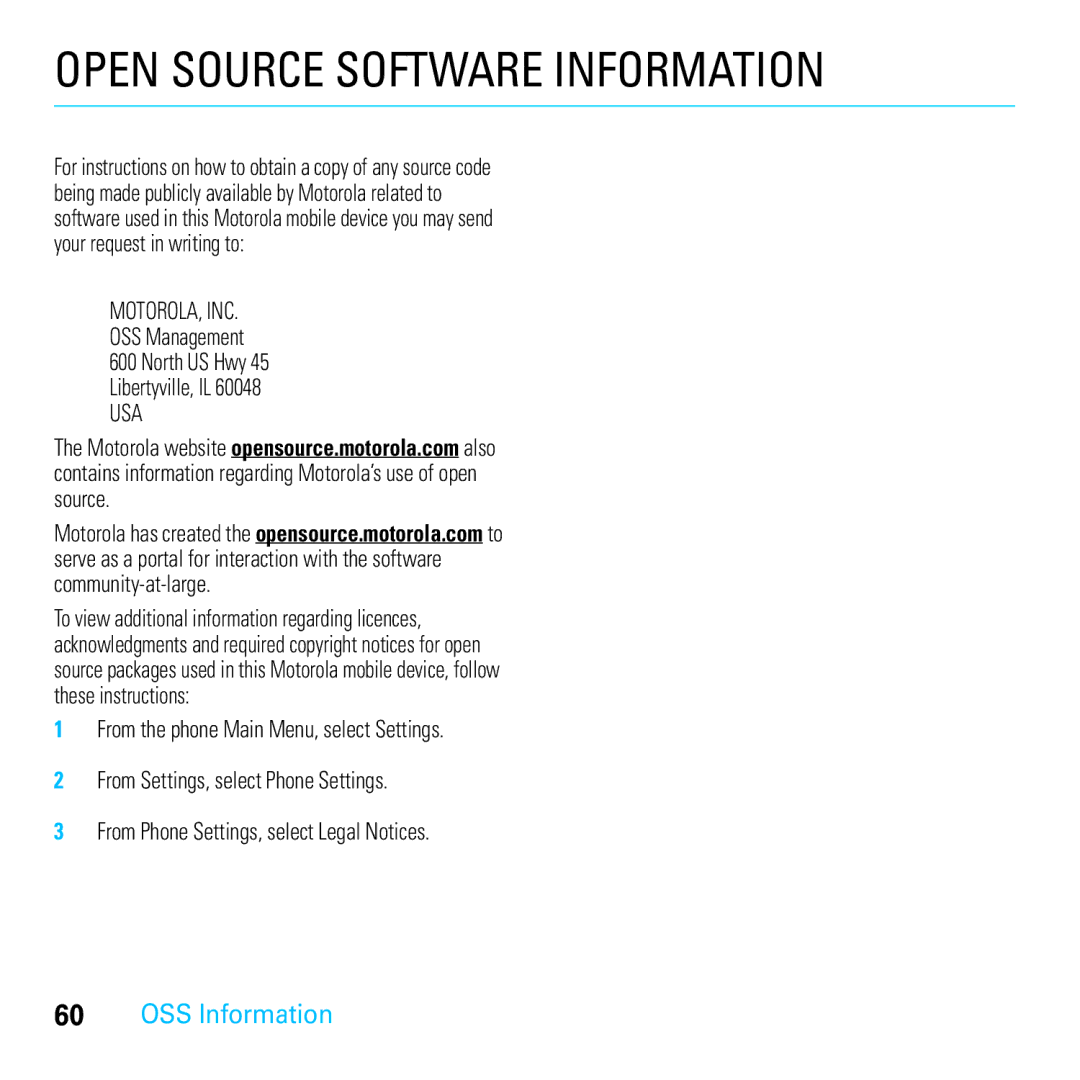 Motorola E8 manual OSS Information, OSS Management North US Hwy Libertyville, IL 60048 USA 