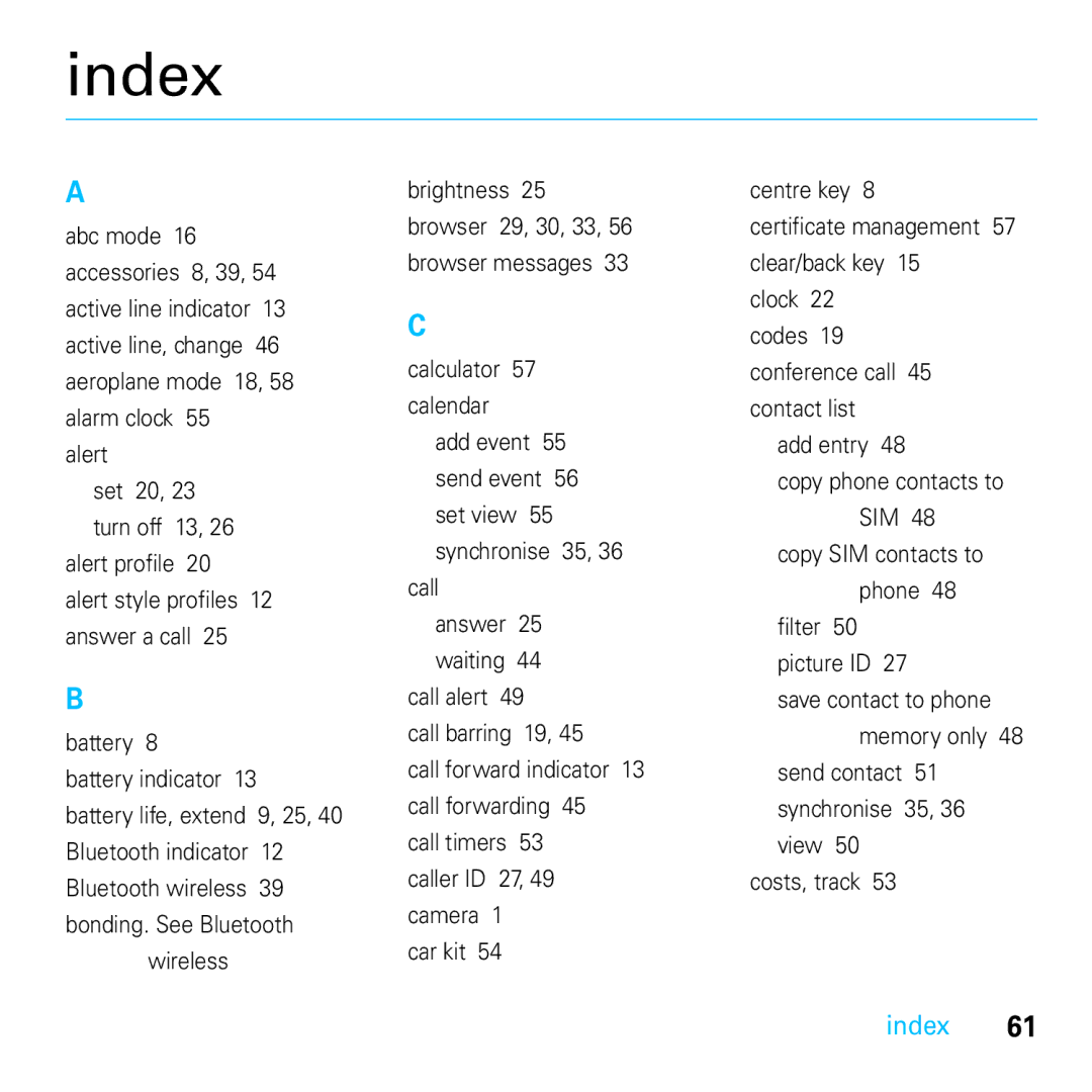 Motorola E8 manual Index, Calculator 57 calendar, Copy SIM contacts to phone Filter 50 picture ID 