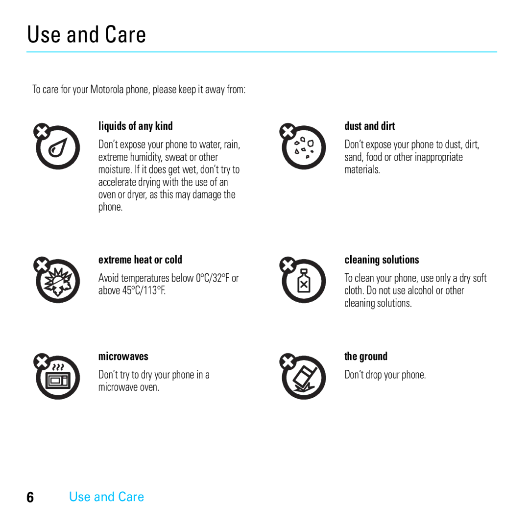 Motorola E8 manual Use and Care 