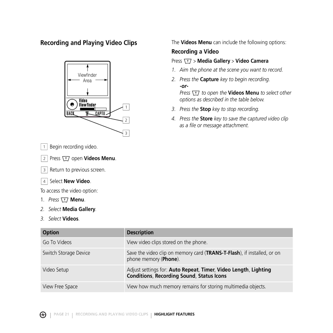 Motorola E816 manual Recording and Playing Video Clips, Recording a Video, Press M Media Gallery Video Camera 