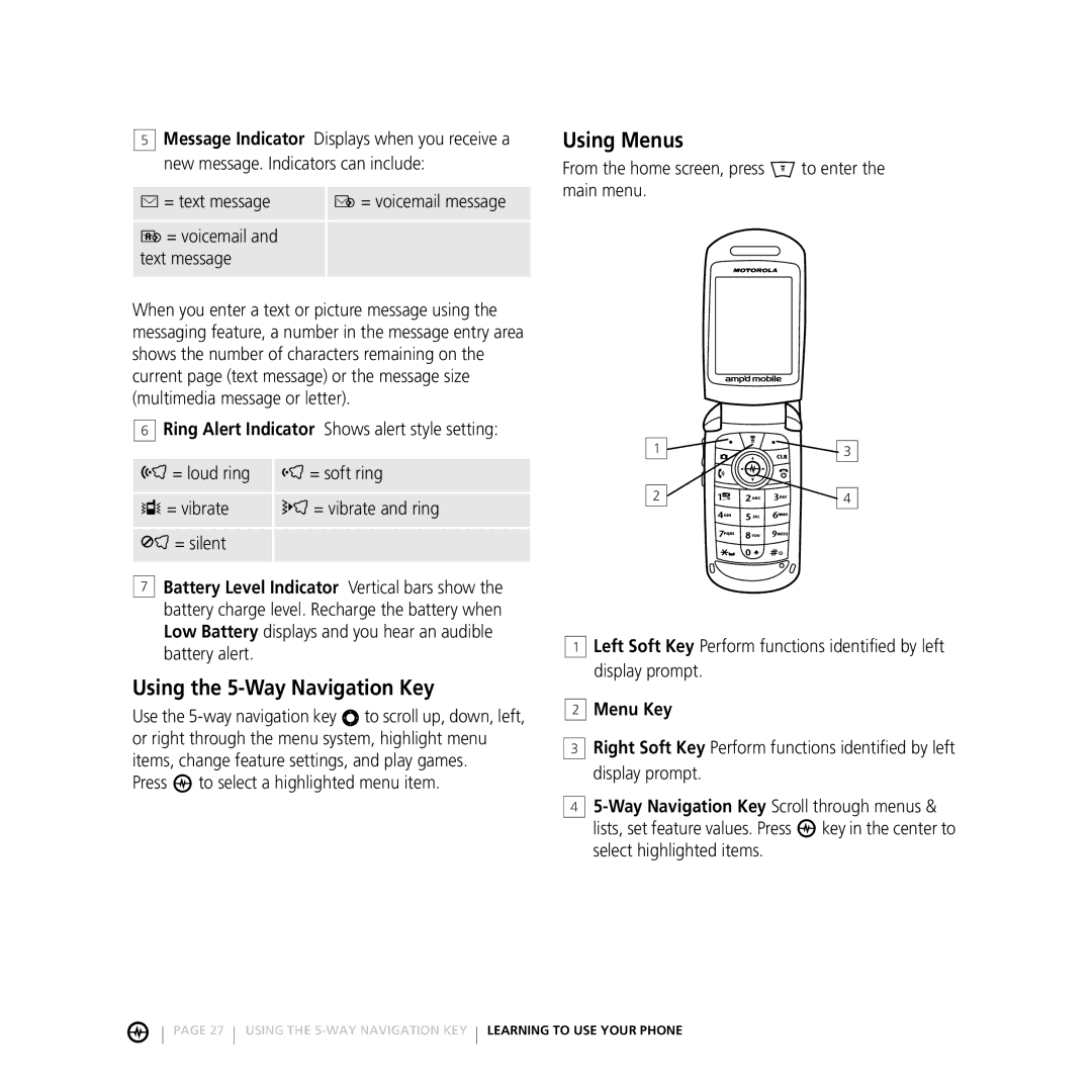 Motorola E816 manual Using the 5-Way Navigation Key, Using Menus, Press to select a highlighted menu item 