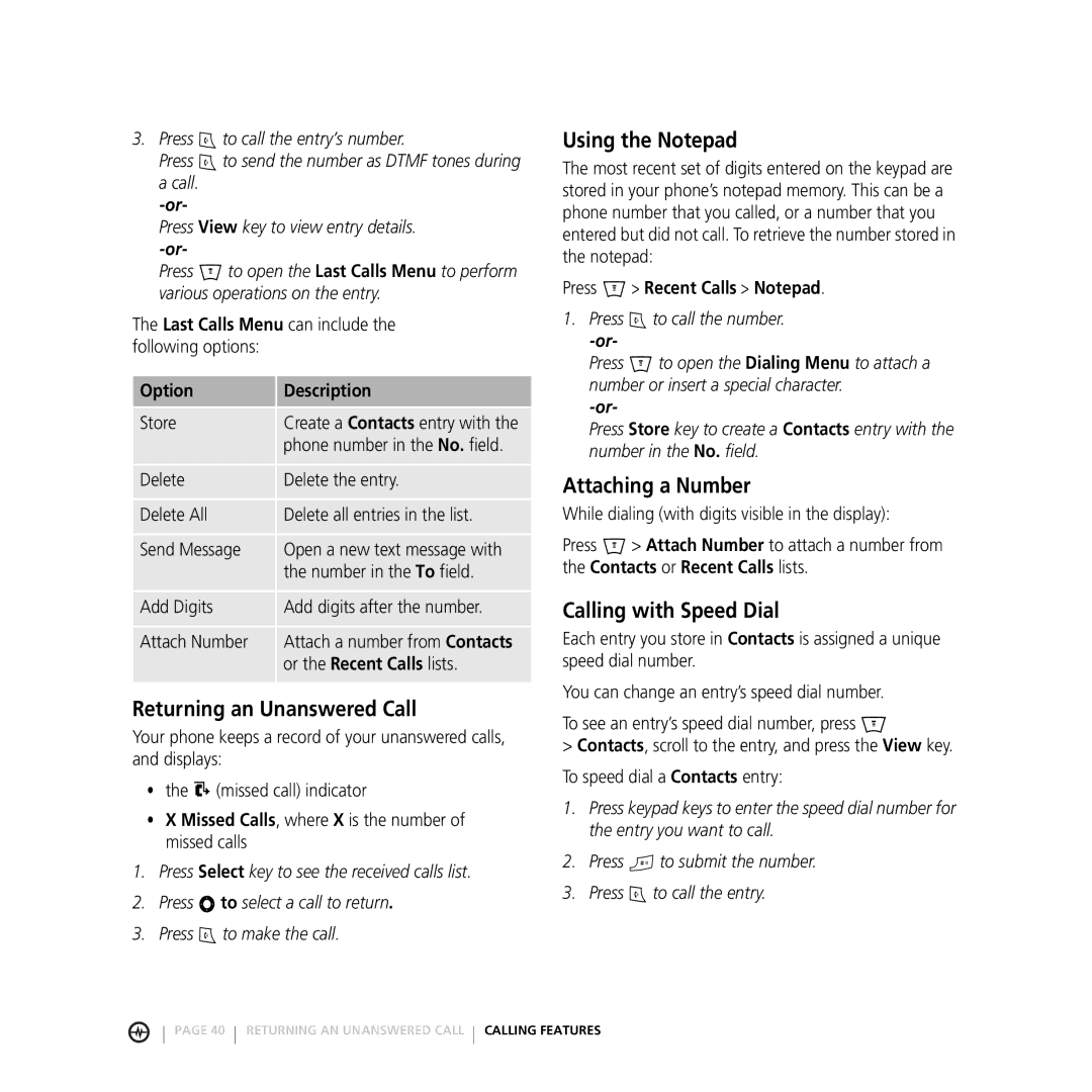 Motorola E816 manual Returning an Unanswered Call, Using the Notepad, Attaching a Number, Calling with Speed Dial 