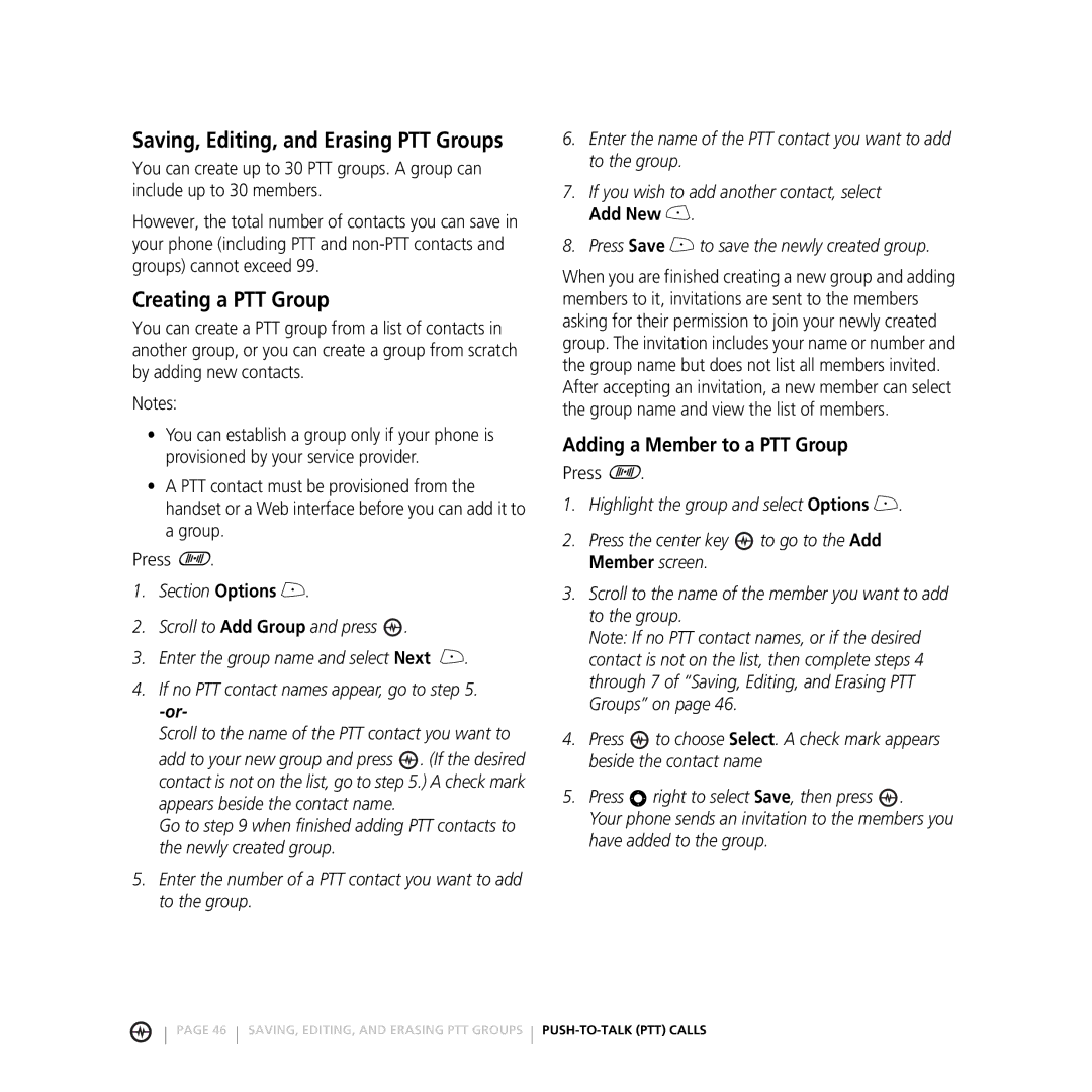 Motorola E816 manual Saving, Editing, and Erasing PTT Groups, Creating a PTT Group, Adding a Member to a PTT Group 