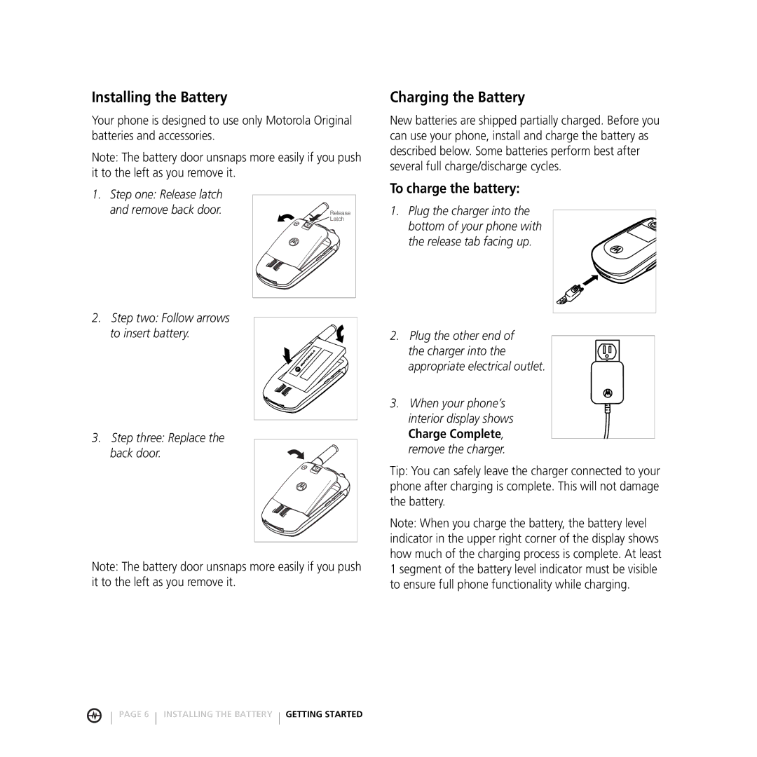 Motorola E816 manual Installing the Battery, Charging the Battery, To charge the battery 