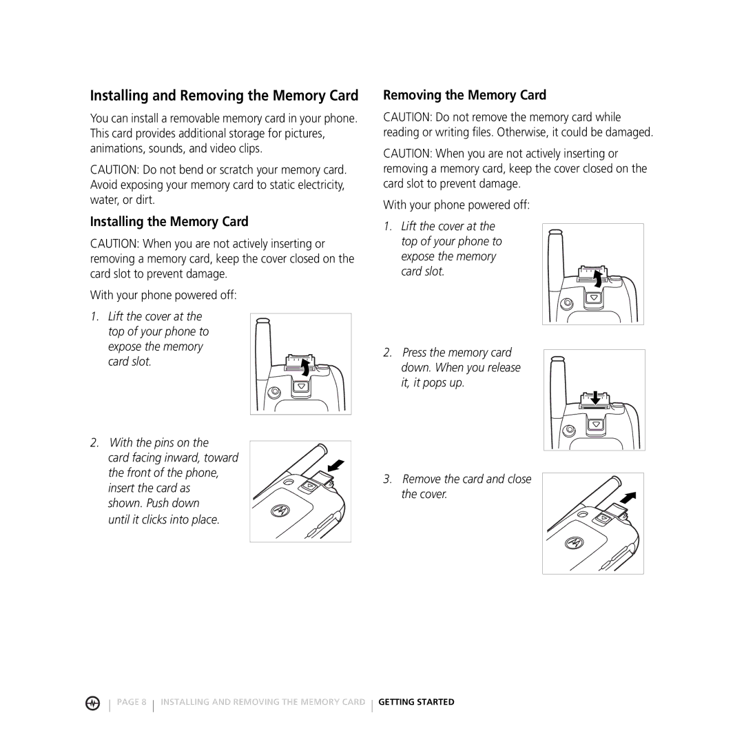 Motorola E816 manual Installing and Removing the Memory Card, Installing the Memory Card 