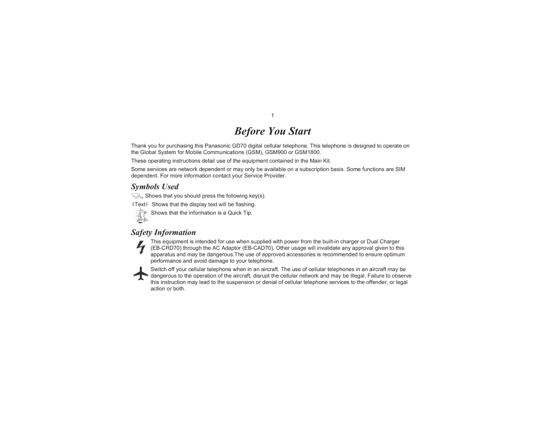 Motorola EB-GD70 operating instructions Before You Start, Symbols Used, Safety Information 