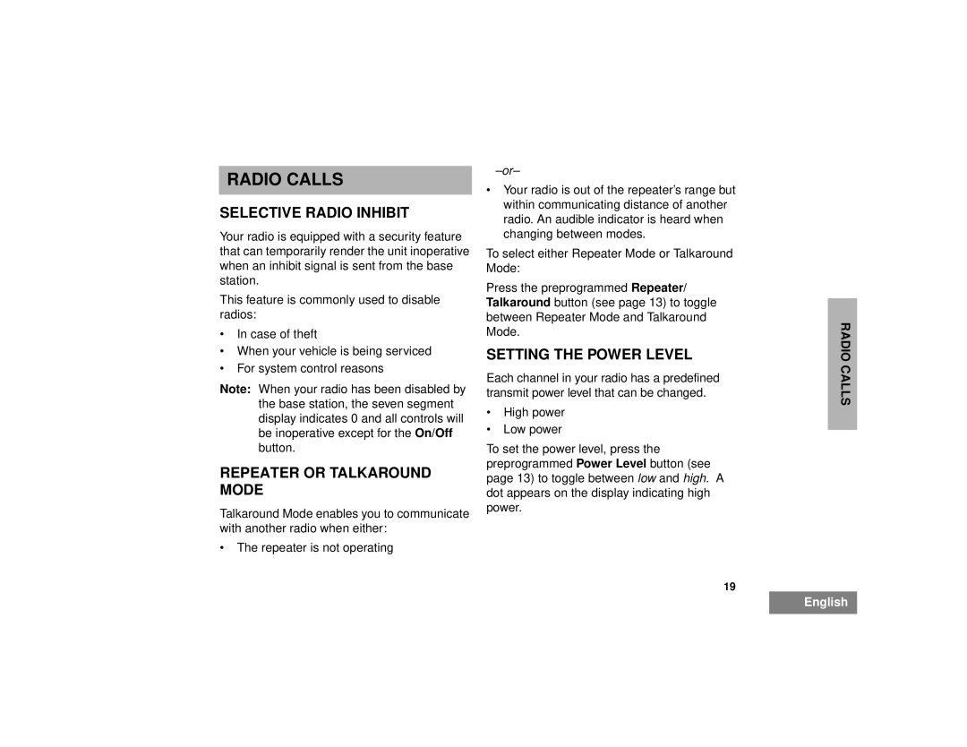 Motorola EM200 manual Radio Calls, Selective Radio Inhibit, Repeater or Talkaround Mode, Setting the Power Level 