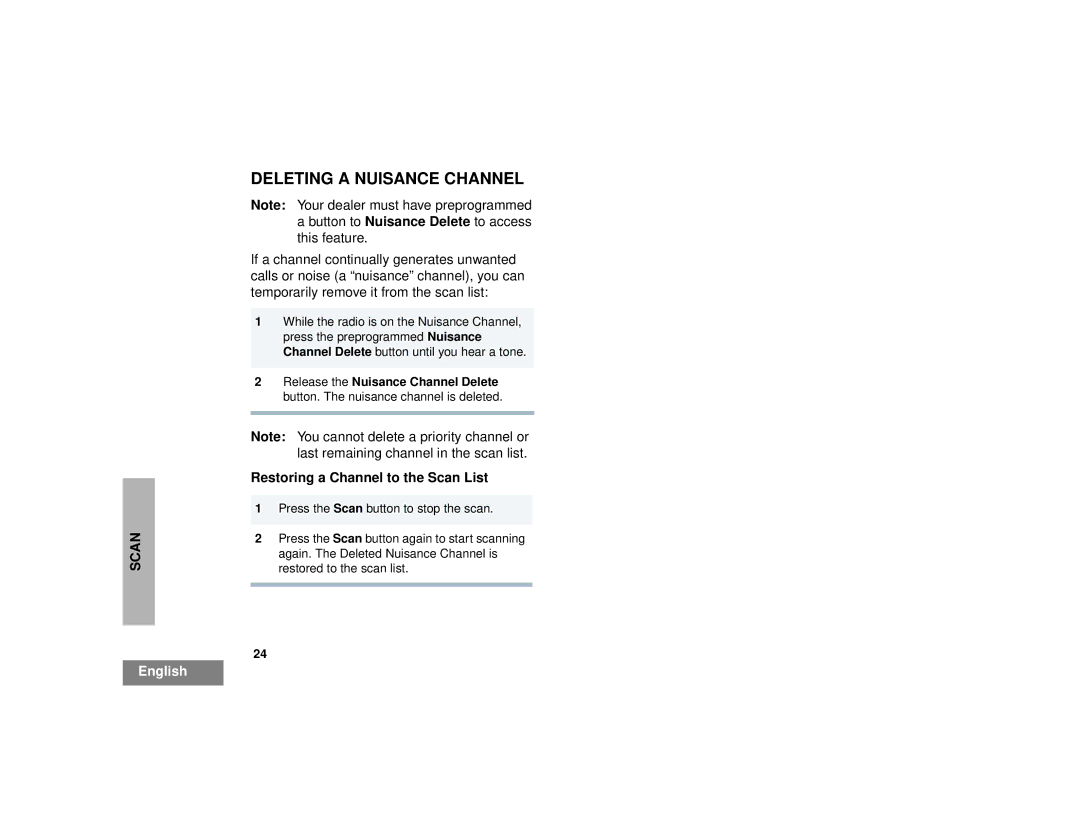 Motorola EM200 manual Deleting a Nuisance Channel, Restoring a Channel to the Scan List 