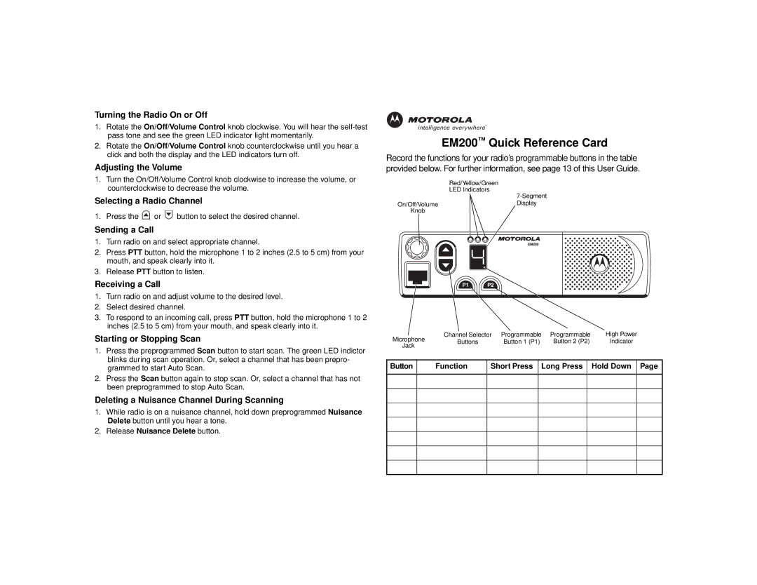 Motorola manual EM200 Quick Reference Card 