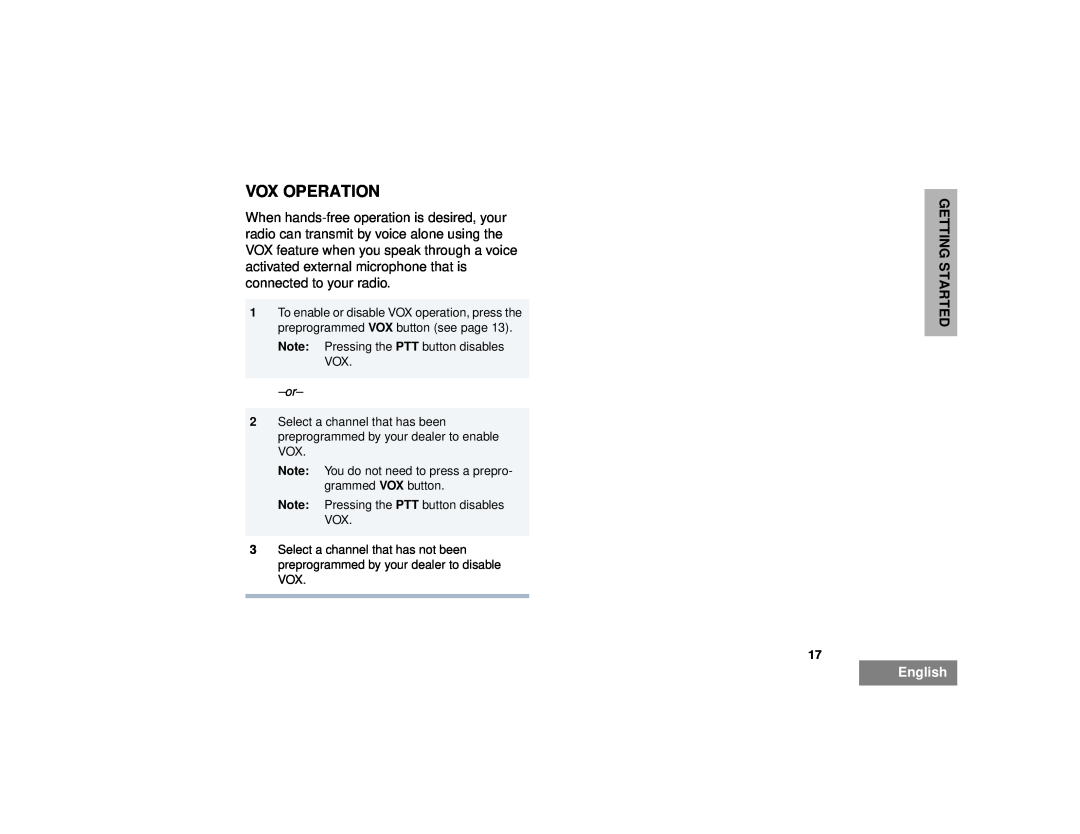 Motorola EM200 manual Vox Operation, Getting Started, English 