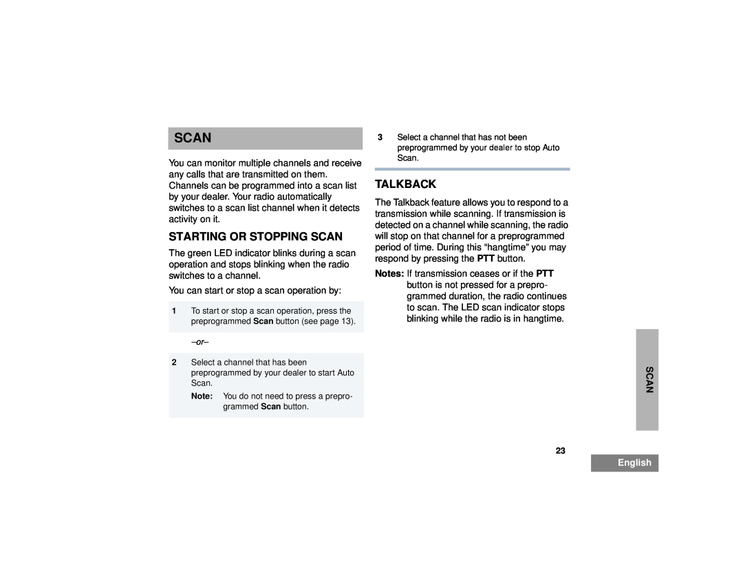 Motorola EM200 manual Starting Or Stopping Scan, Talkback, English 