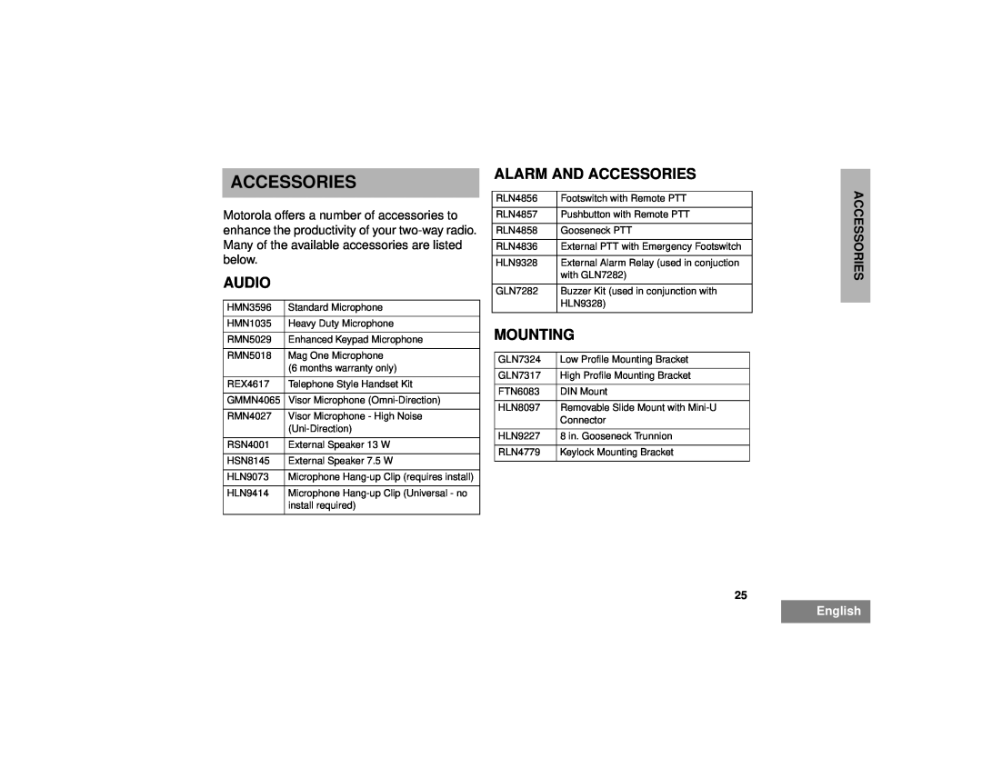Motorola EM200 manual Audio, Alarm And Accessories, Mounting, English 