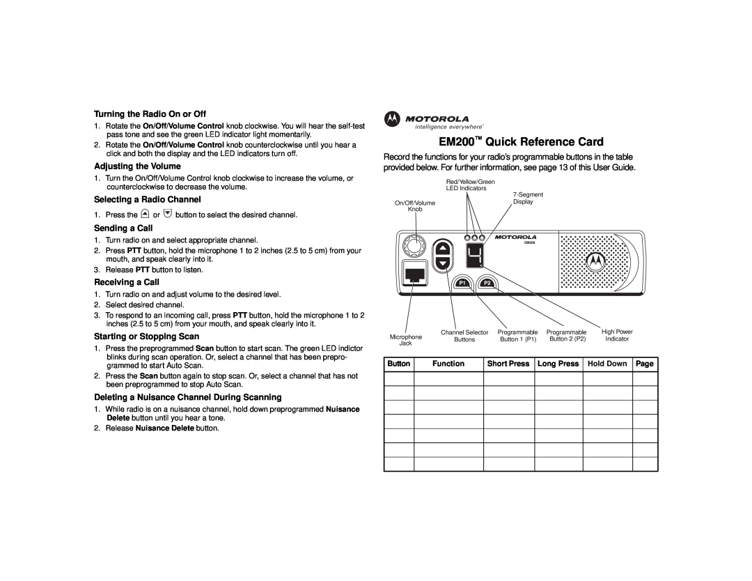 Motorola EM200 Quick Reference Card, Turning the Radio On or Off, Adjusting the Volume, Selecting a Radio Channel, Page 