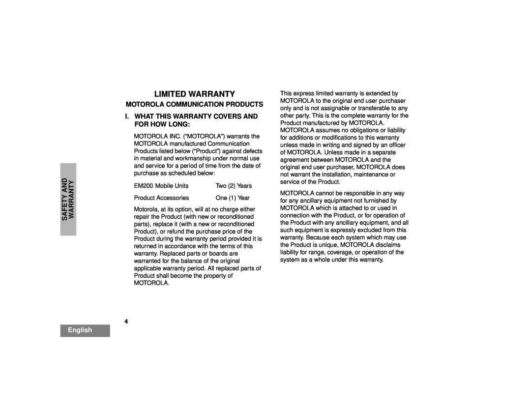 Motorola EM200 manual Limited Warranty, Safety And Warranty, Motorola Communication Products, English 