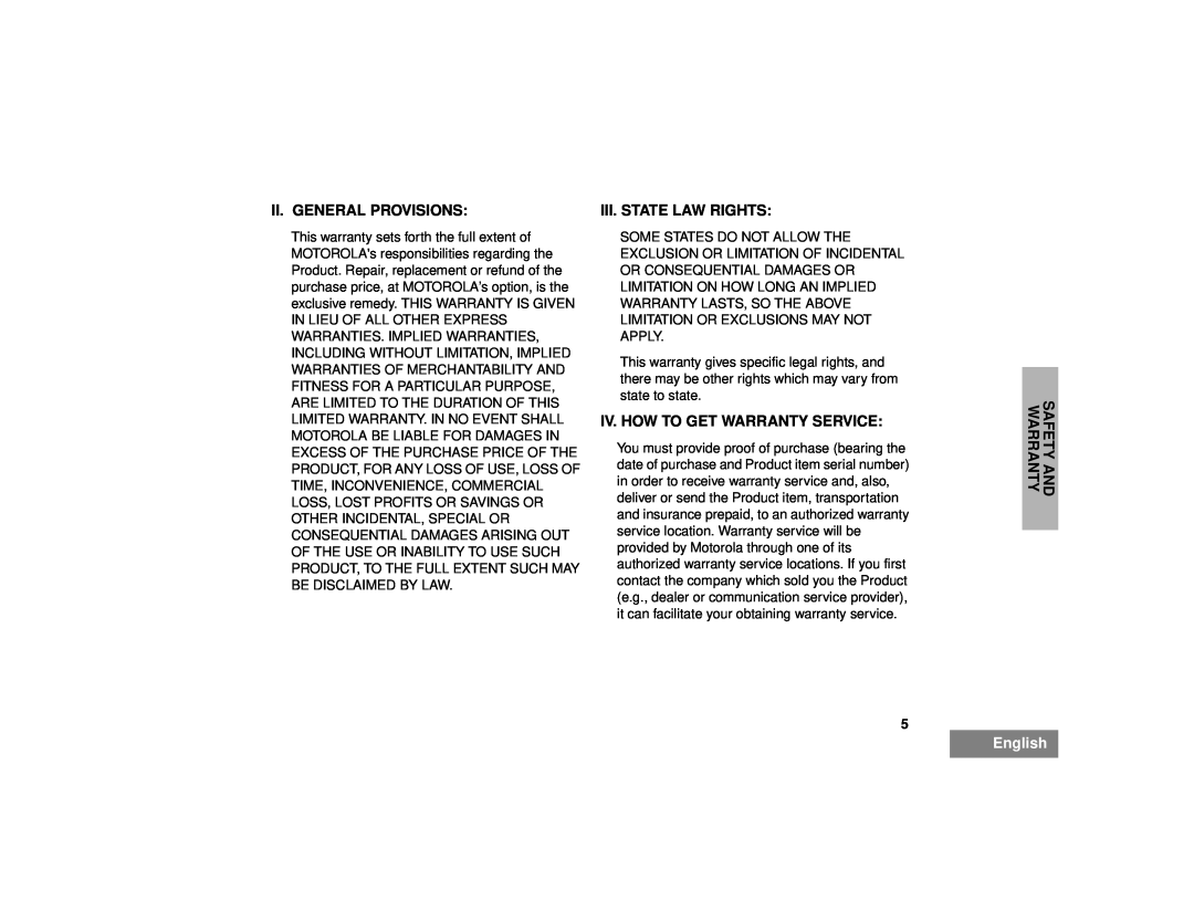 Motorola EM200 manual Ii. General Provisions, Iii. State Law Rights, Iv. How To Get Warranty Service, Safety And Warranty 