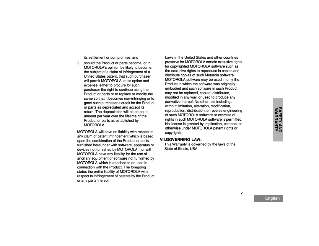Motorola EM200 manual Vii.Governing Law, Safety And Warranty, English 