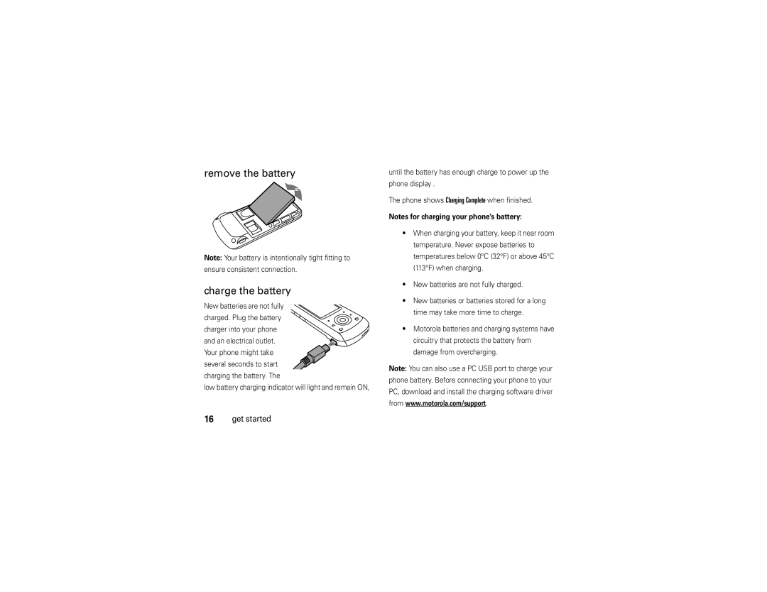 Motorola EM25 manual Remove the battery Charge the battery, New batteries are not fully 