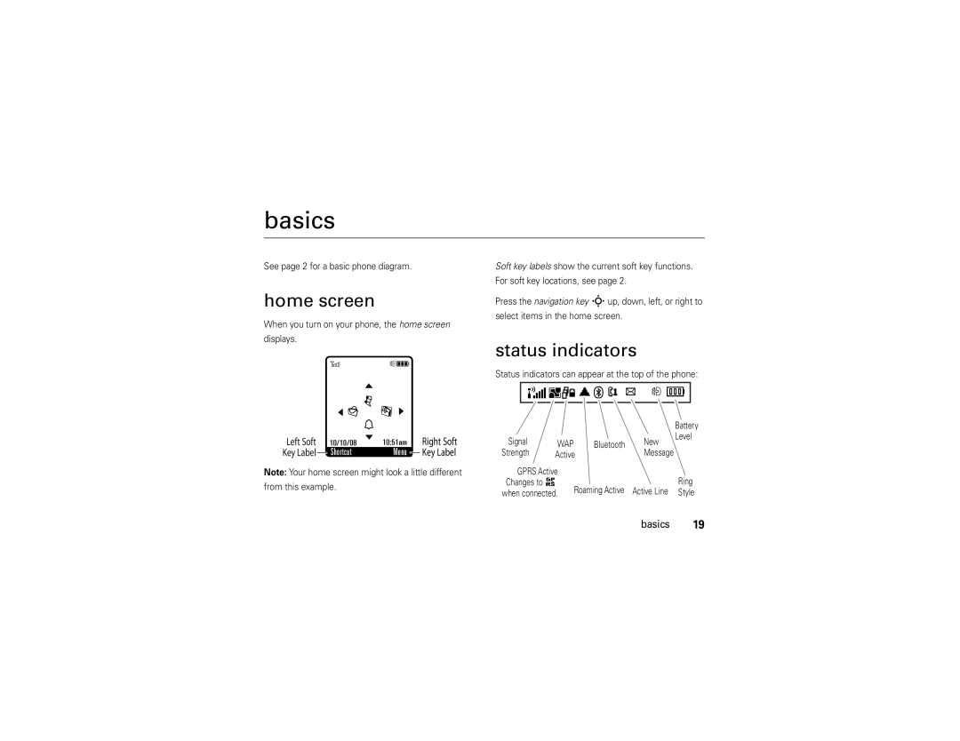 Motorola EM25 manual Basics, Home screen, Status indicators 