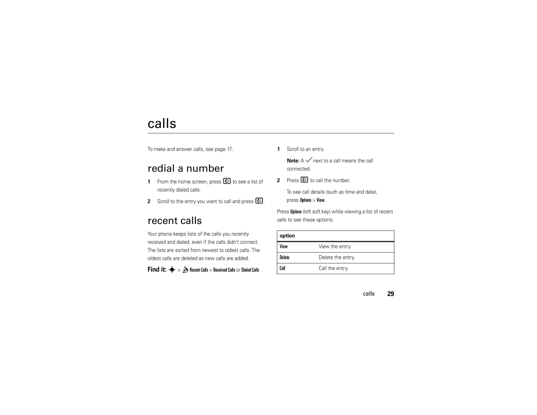 Motorola EM25 manual Calls, Redial a number, Recent calls 