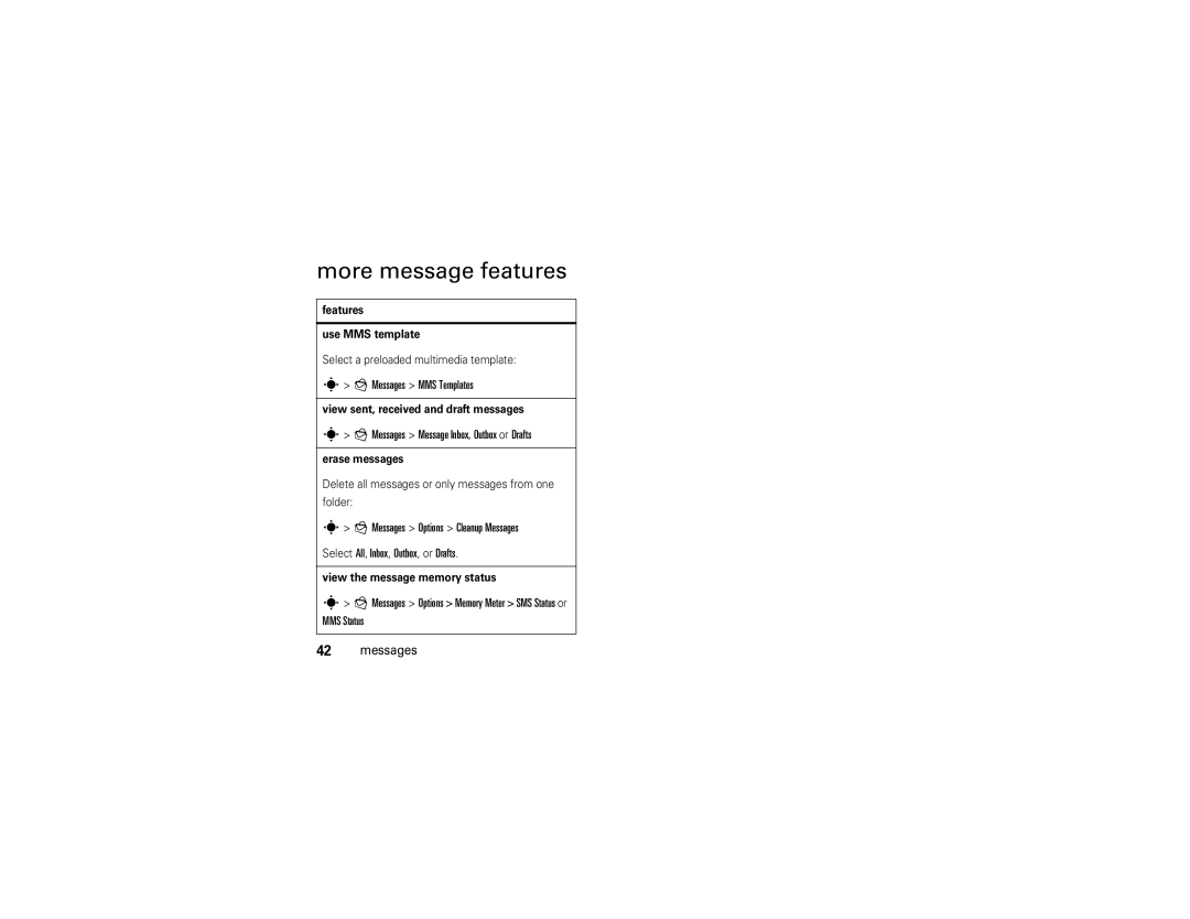 Motorola EM25 manual More message features, Messages MMS Templates, Messages Message Inbox, Outbox or Drafts 