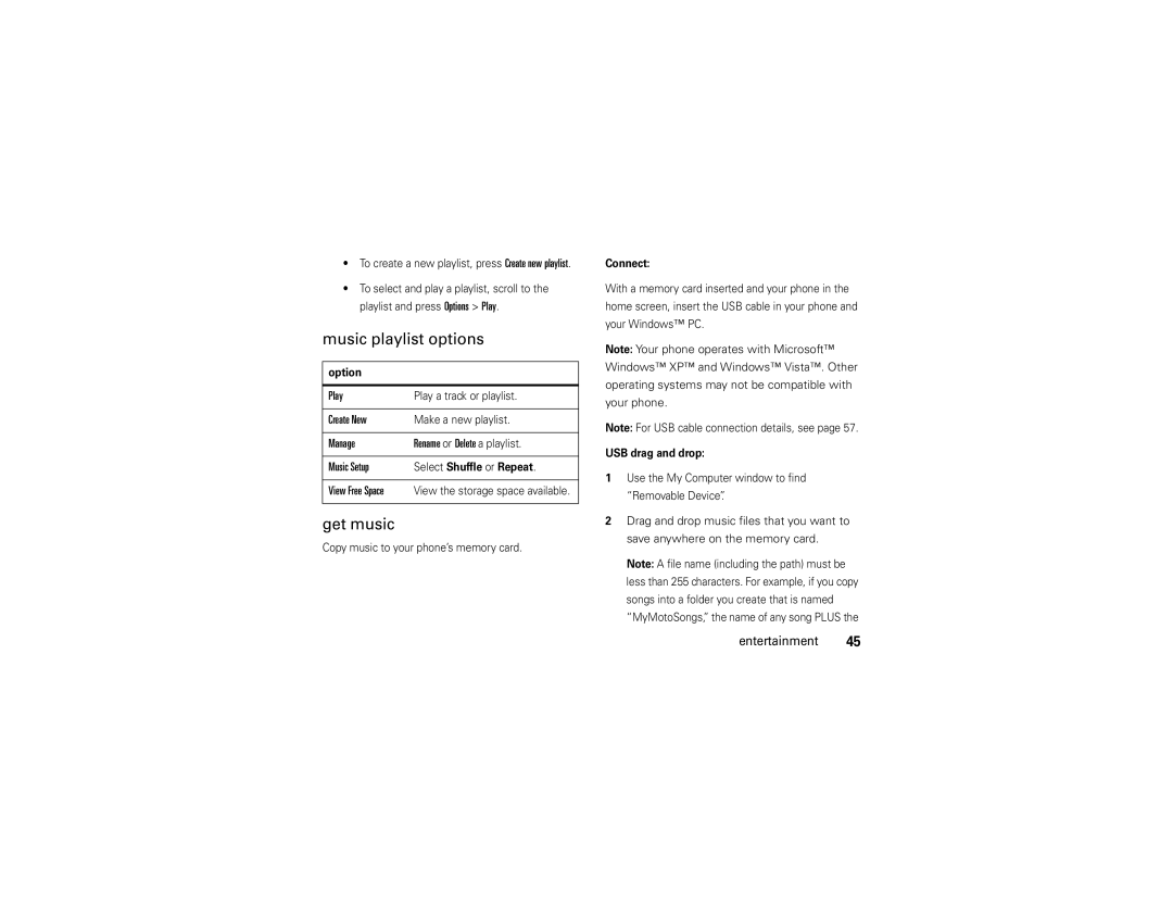 Motorola EM25 manual Music playlist options, Get music, Play, Create New, Manage Rename or Delete a playlist Music Setup 