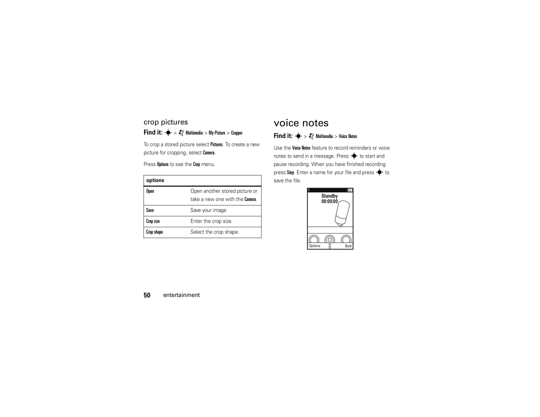 Motorola EM25 manual Voice notes, Crop pictures 