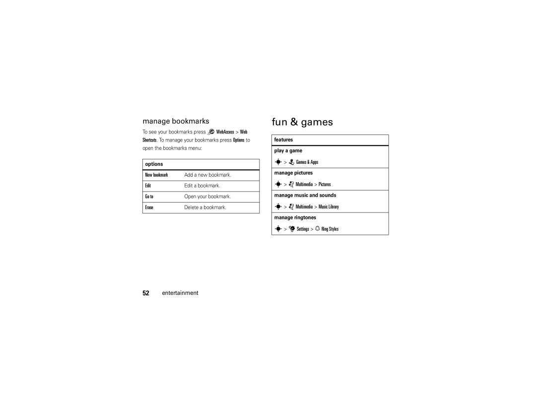 Motorola EM25 manual Fun & games, Manage bookmarks 