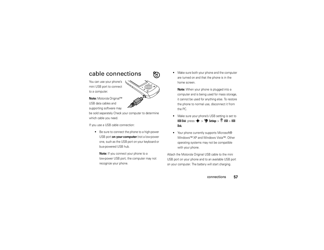 Motorola EM25 manual Cable connections, USB Disk press s u Settings æ USB USB Disk 