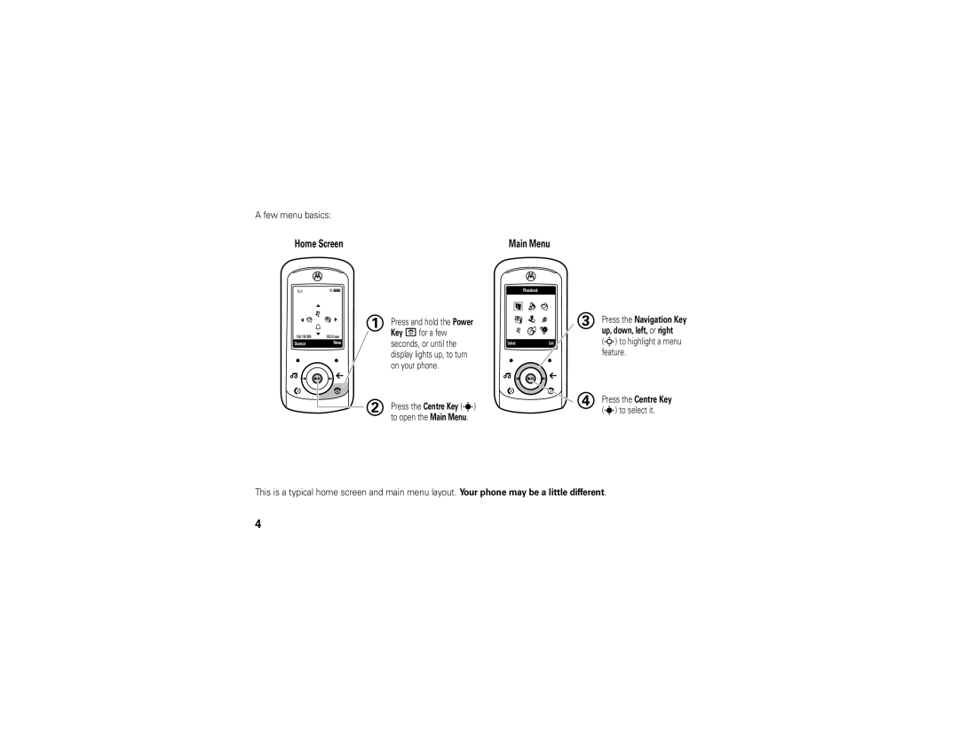 Motorola EM25 manual Few menu basics, Home Screen Main Menu 