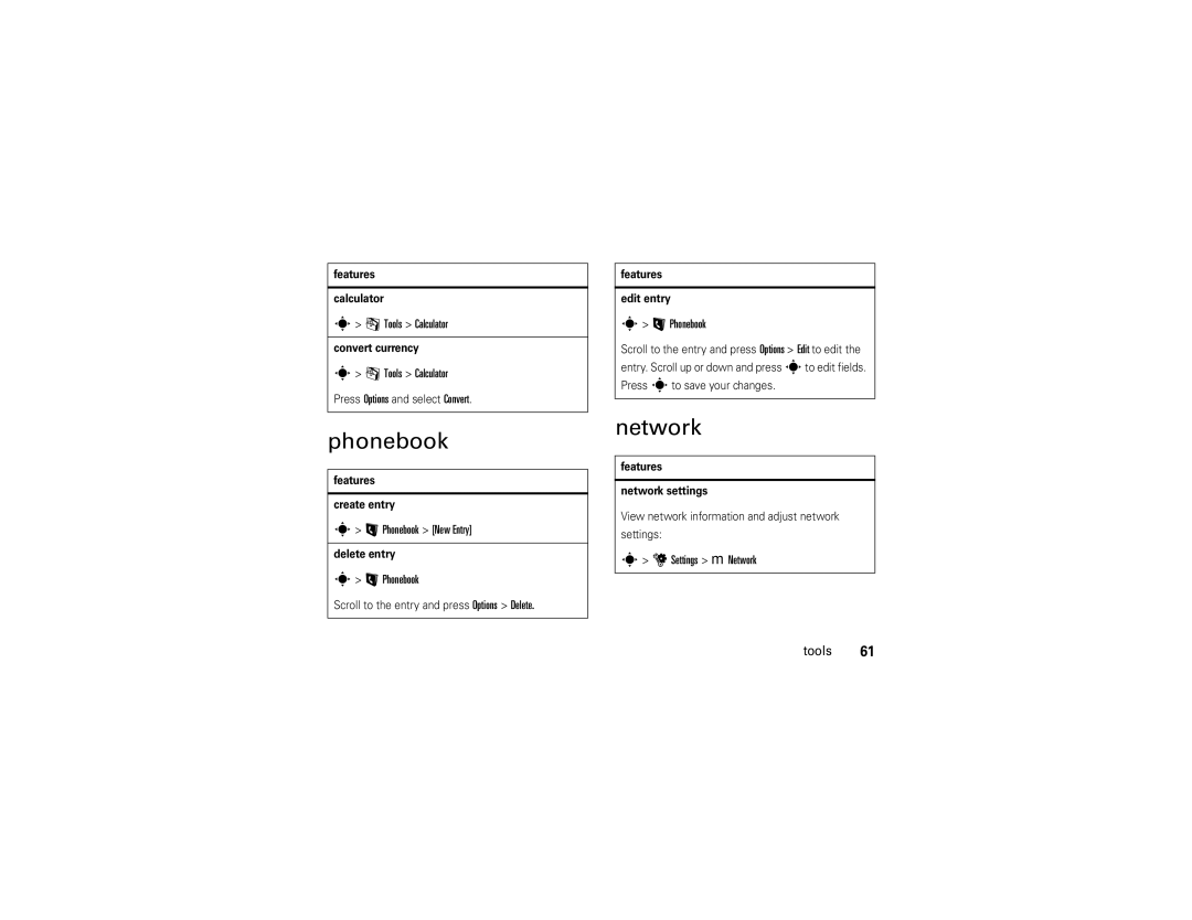 Motorola EM25 manual Phonebook, Network 