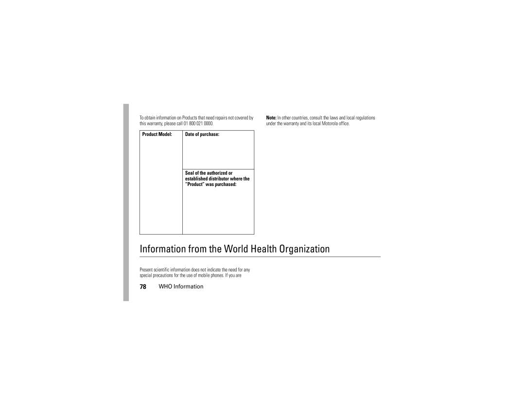 Motorola EM25 manual Information from the World Health Organization, WHO Information, Product Model 