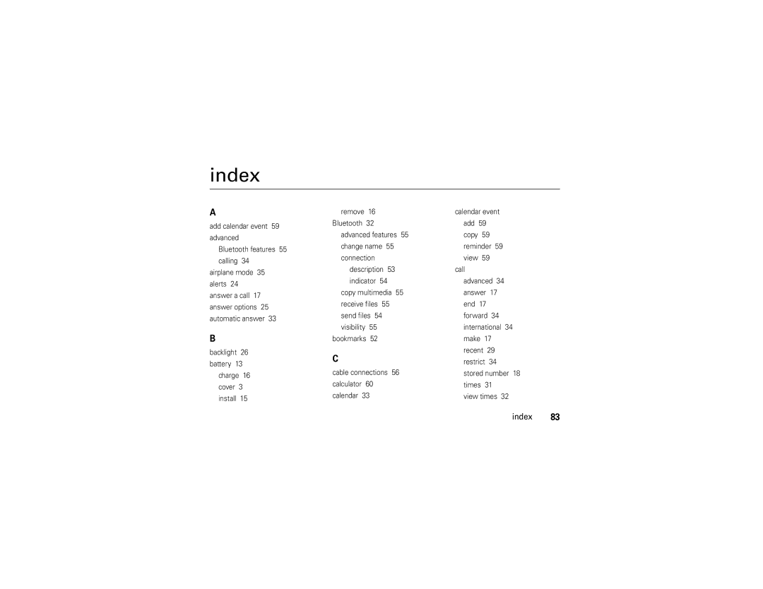 Motorola EM25 manual Index, Calculator Times Calendar View times 