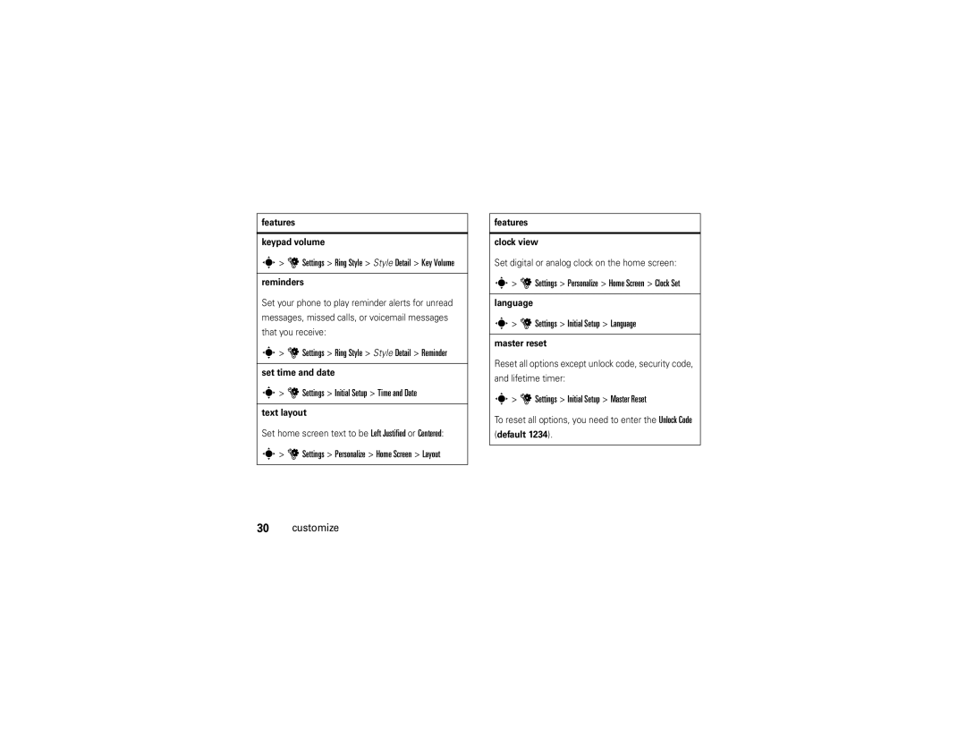 Motorola EM28 manual Settings Ring Style Style Detail Reminder, Settings Initial Setup Time and Date 