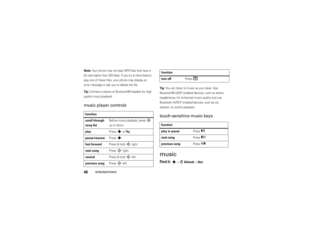 Motorola EM28 manual Music player controls, Touch-sensitive music keys, Find it s j Multimedia Music Entertainment 