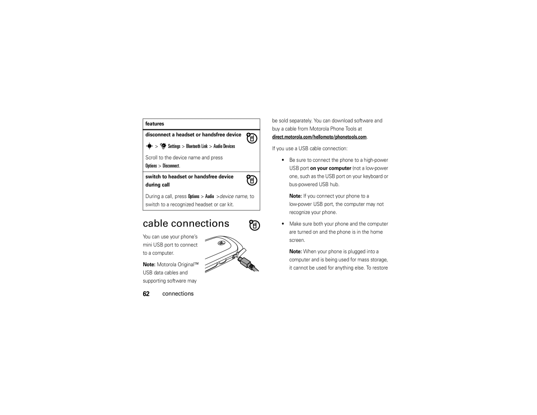 Motorola EM28 manual Cable connections, Settings Bluetooth Link Audio Devices, Options Disconnect 