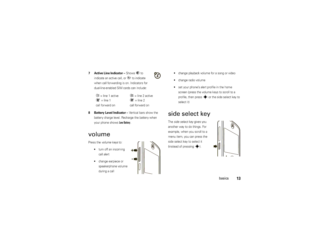 Motorola EM30 manual Volume, Side select key, Active Line Indicator Shows B to, = line 1 active, = line Call forward on 