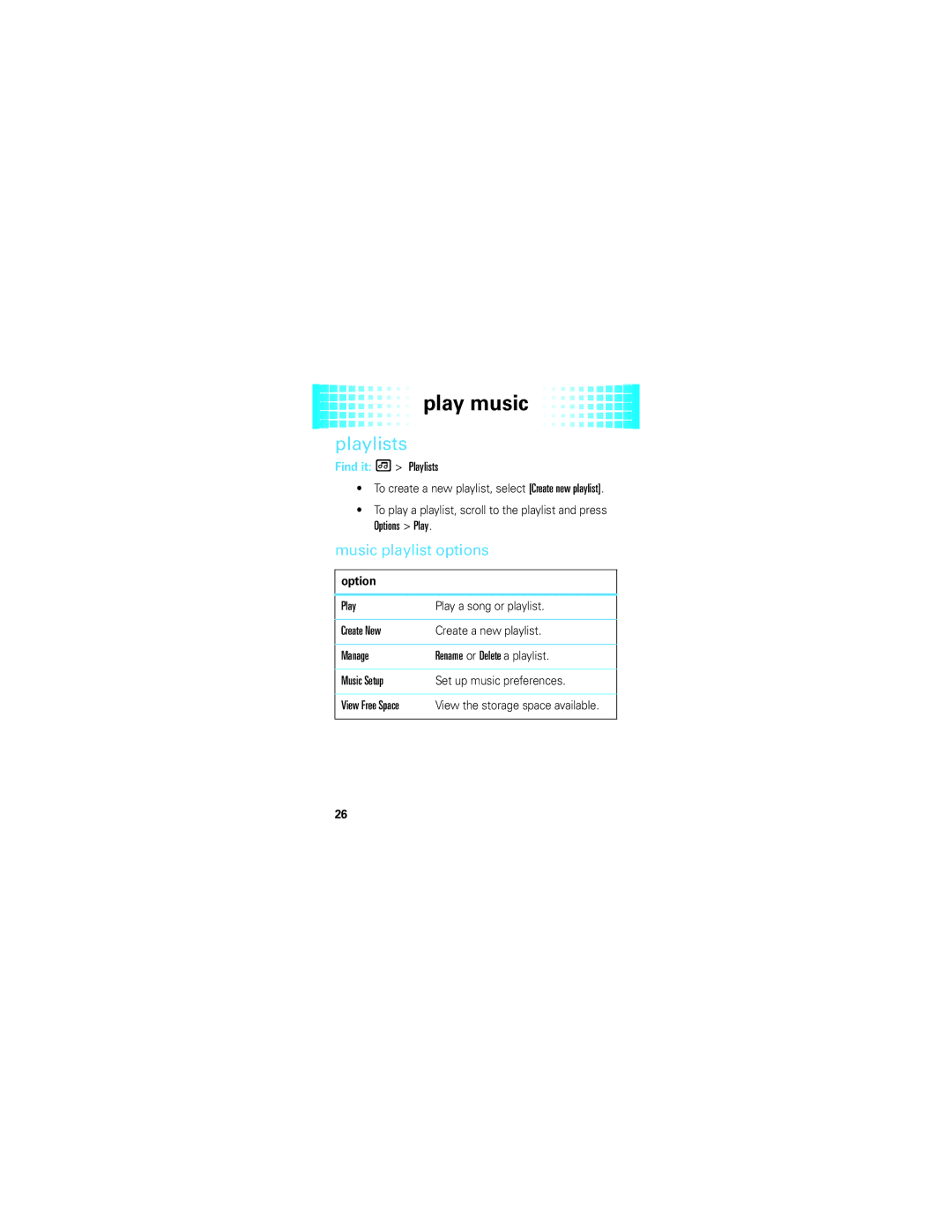 Motorola EM326g manual Playlists, Music playlist options 
