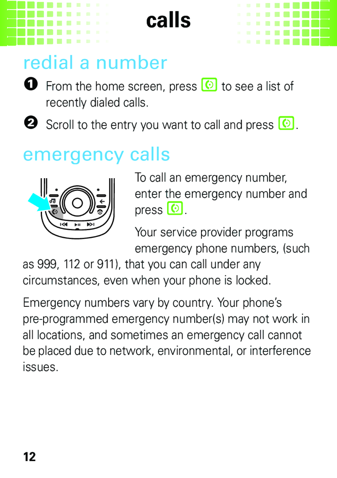 Motorola EM35 manual Redial a number, Emergency calls 