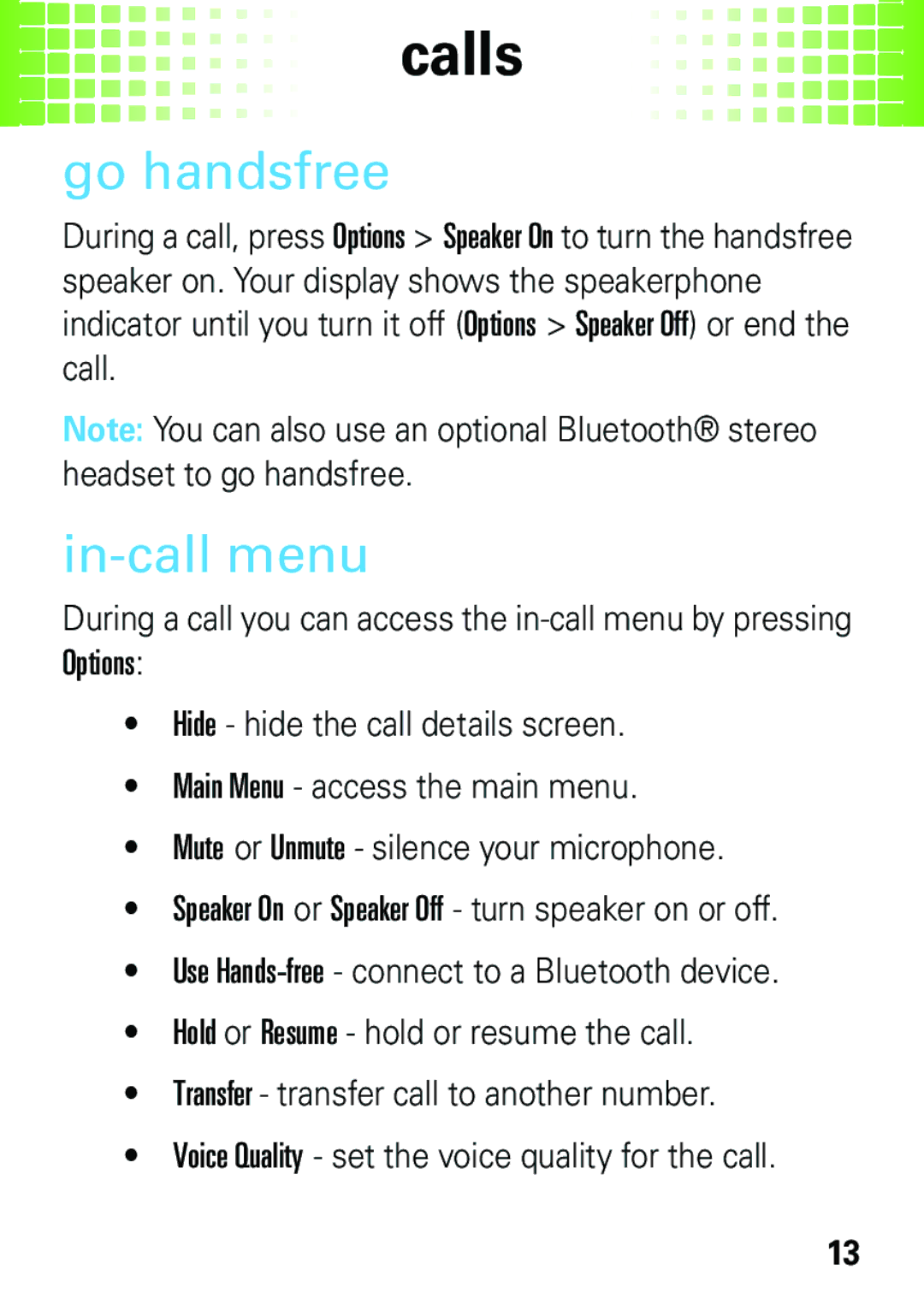 Motorola EM35 manual Go handsfree, In-call menu 