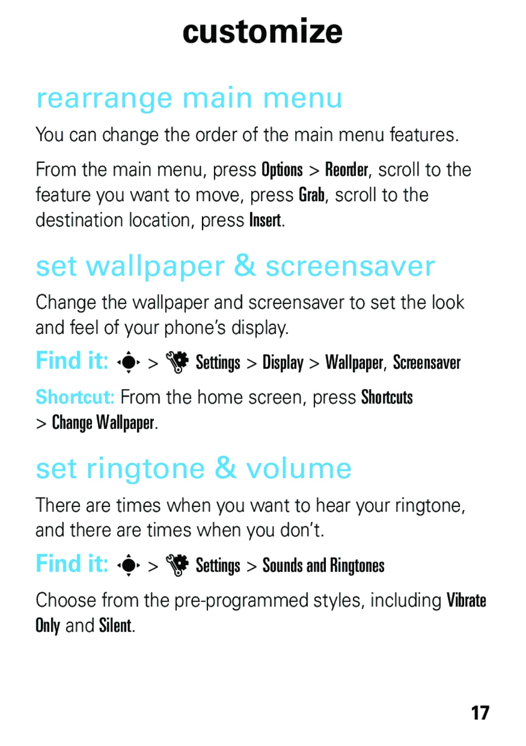 Motorola EM35 manual Rearrange main menu, Set wallpaper & screensaver, Set ringtone & volume, Only and Silent 