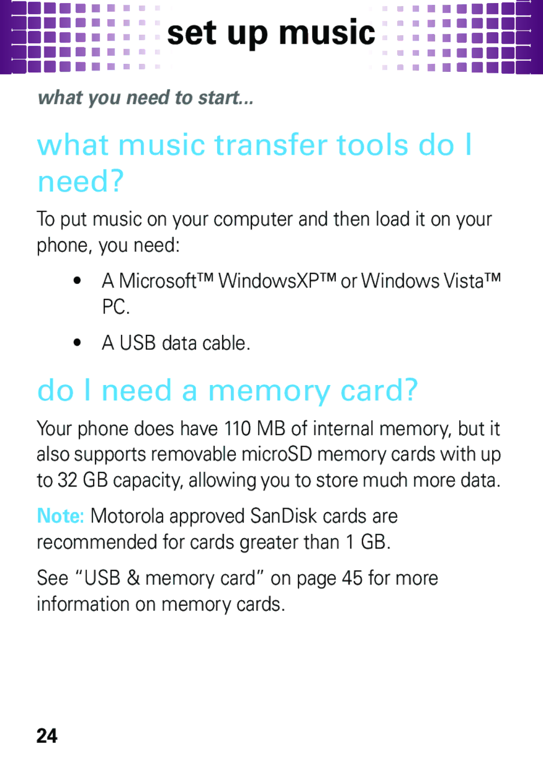 Motorola EM35 manual Set up music, What music transfer tools do I need?, Do I need a memory card?, What you need to start 