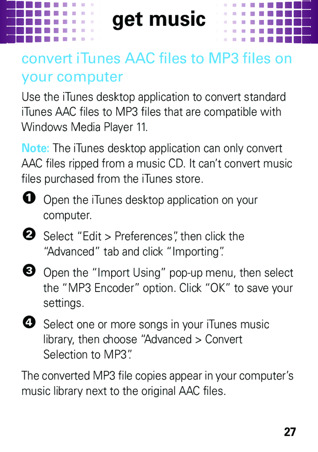 Motorola EM35 manual Convert iTunes AAC files to MP3 files on your computer 